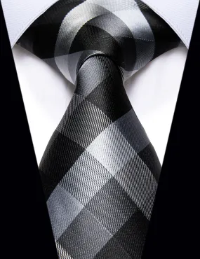 YourTies Mens Black Tie Black Dark Grey Checkered Plaid Silk Necktie