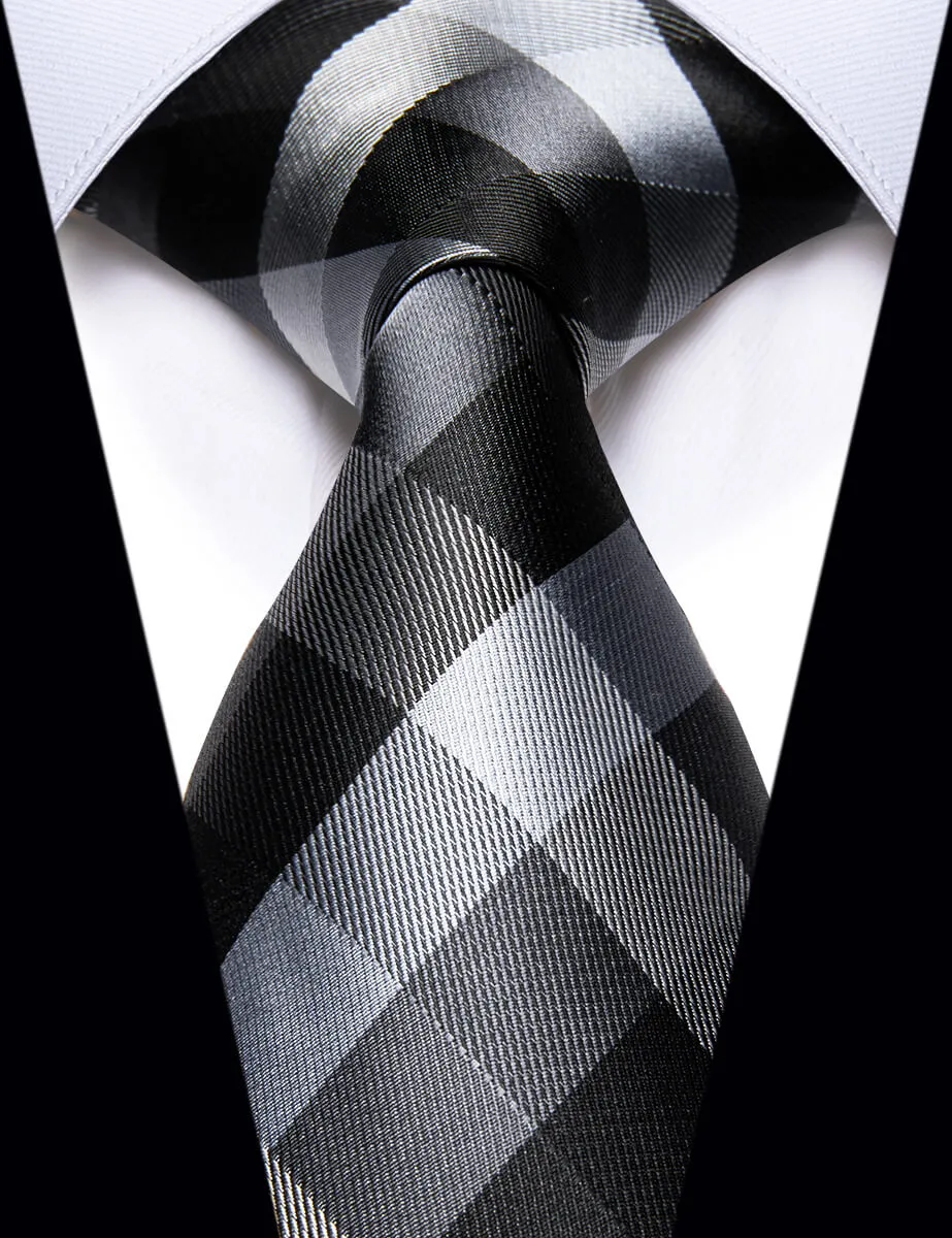 YourTies Mens Black Tie Black Dark Grey Checkered Plaid Silk Necktie