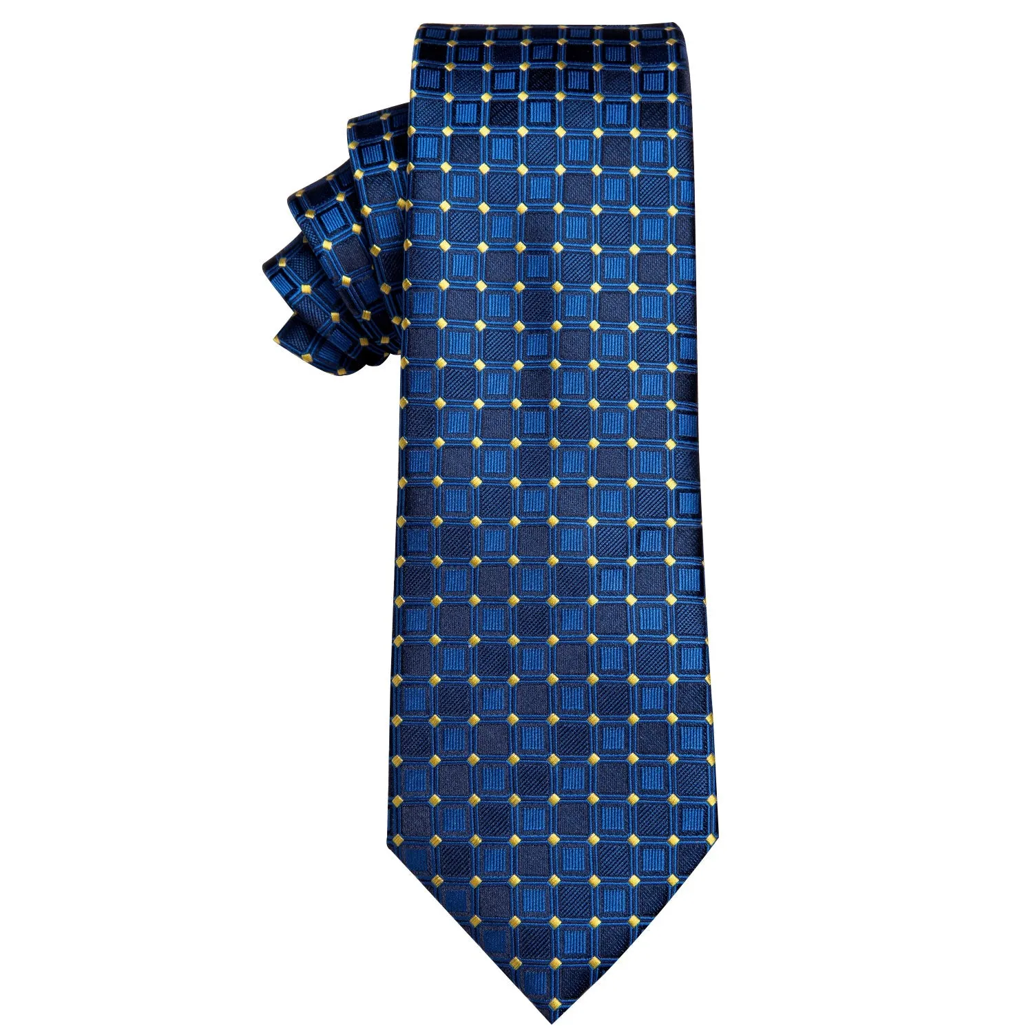 YourTies Navy Blue Plaid Yellow Polka Dots Silk Necktie
