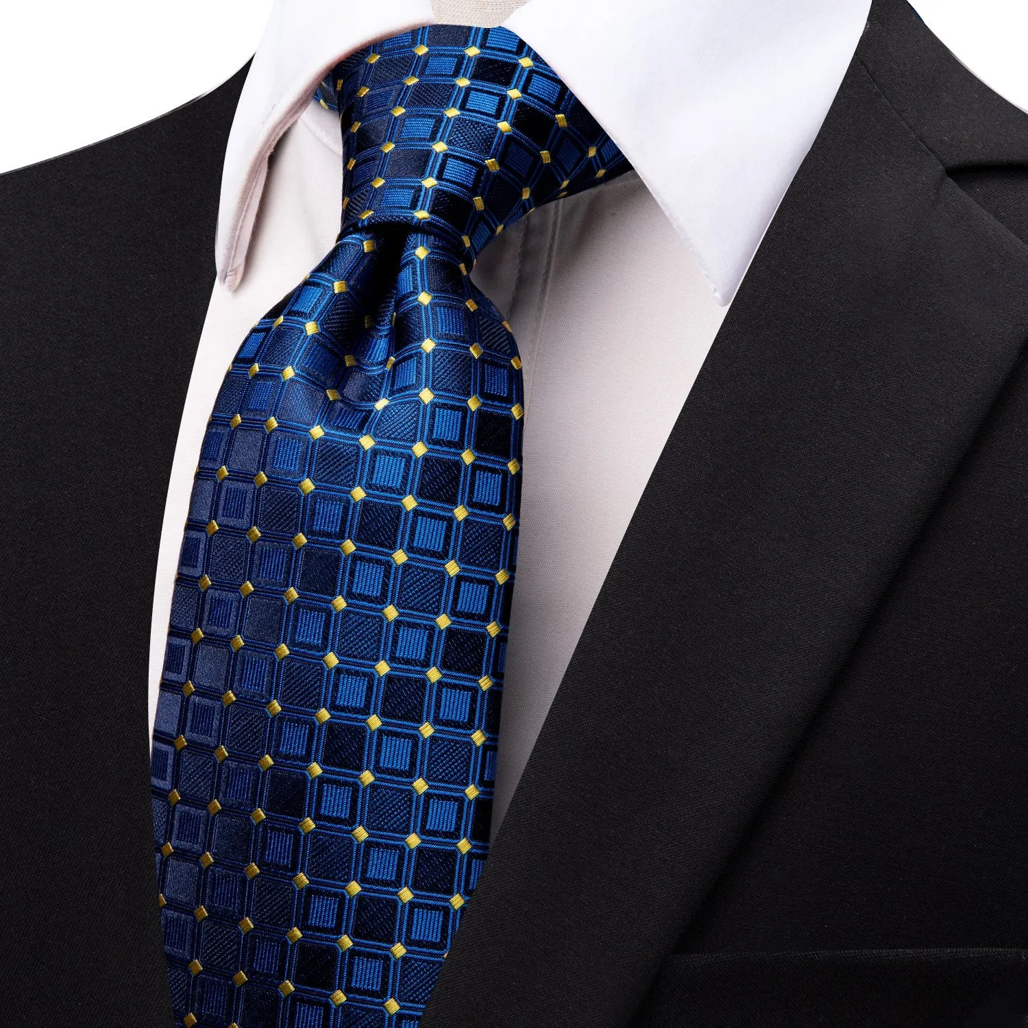 YourTies Navy Blue Plaid Yellow Polka Dots Silk Necktie