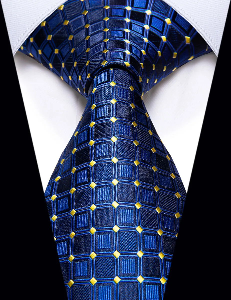 YourTies Navy Blue Plaid Yellow Polka Dots Silk Necktie