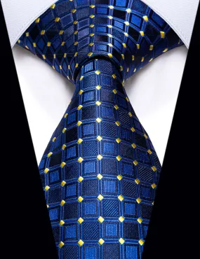 YourTies Navy Blue Plaid Yellow Polka Dots Silk Necktie