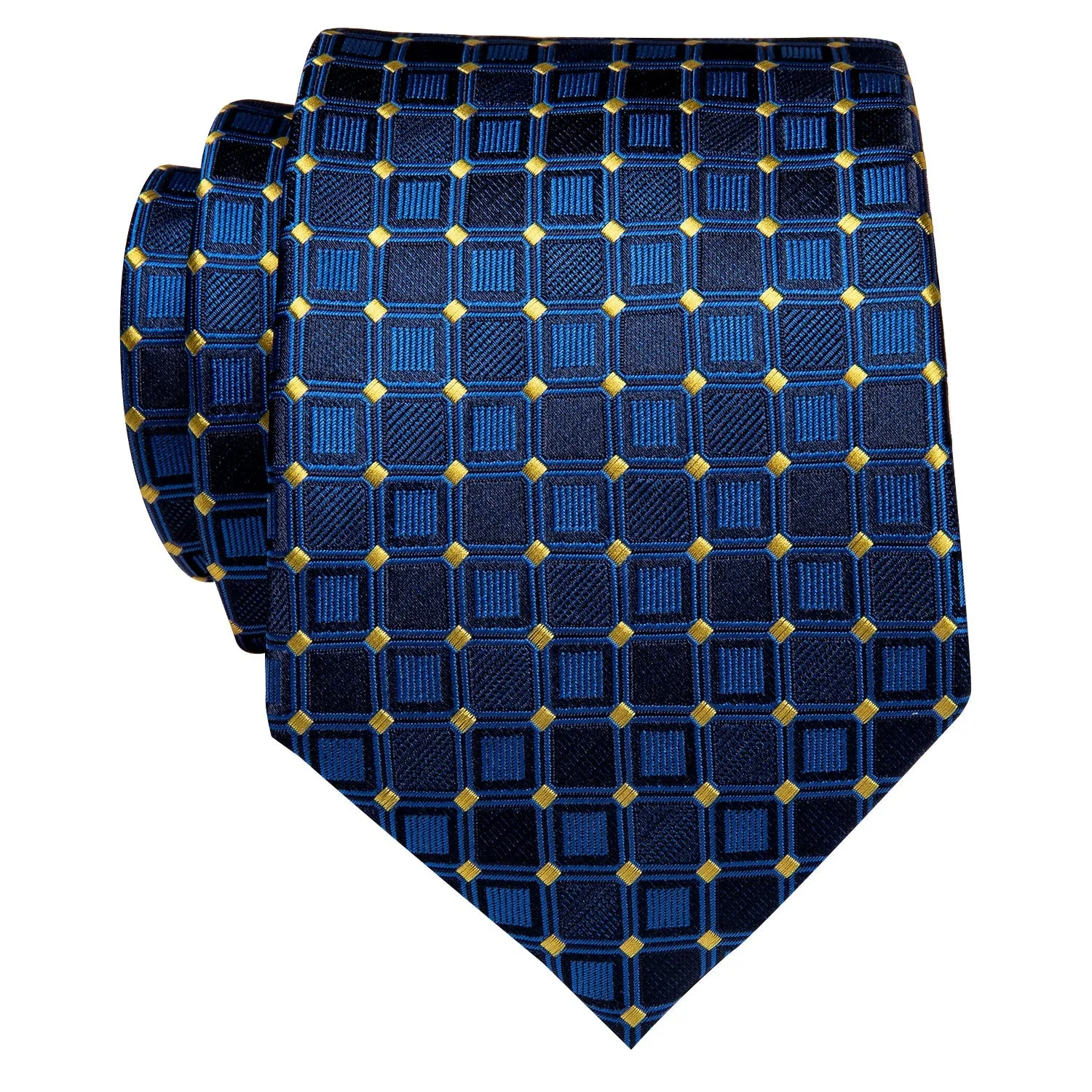 YourTies Navy Blue Plaid Yellow Polka Dots Silk Necktie